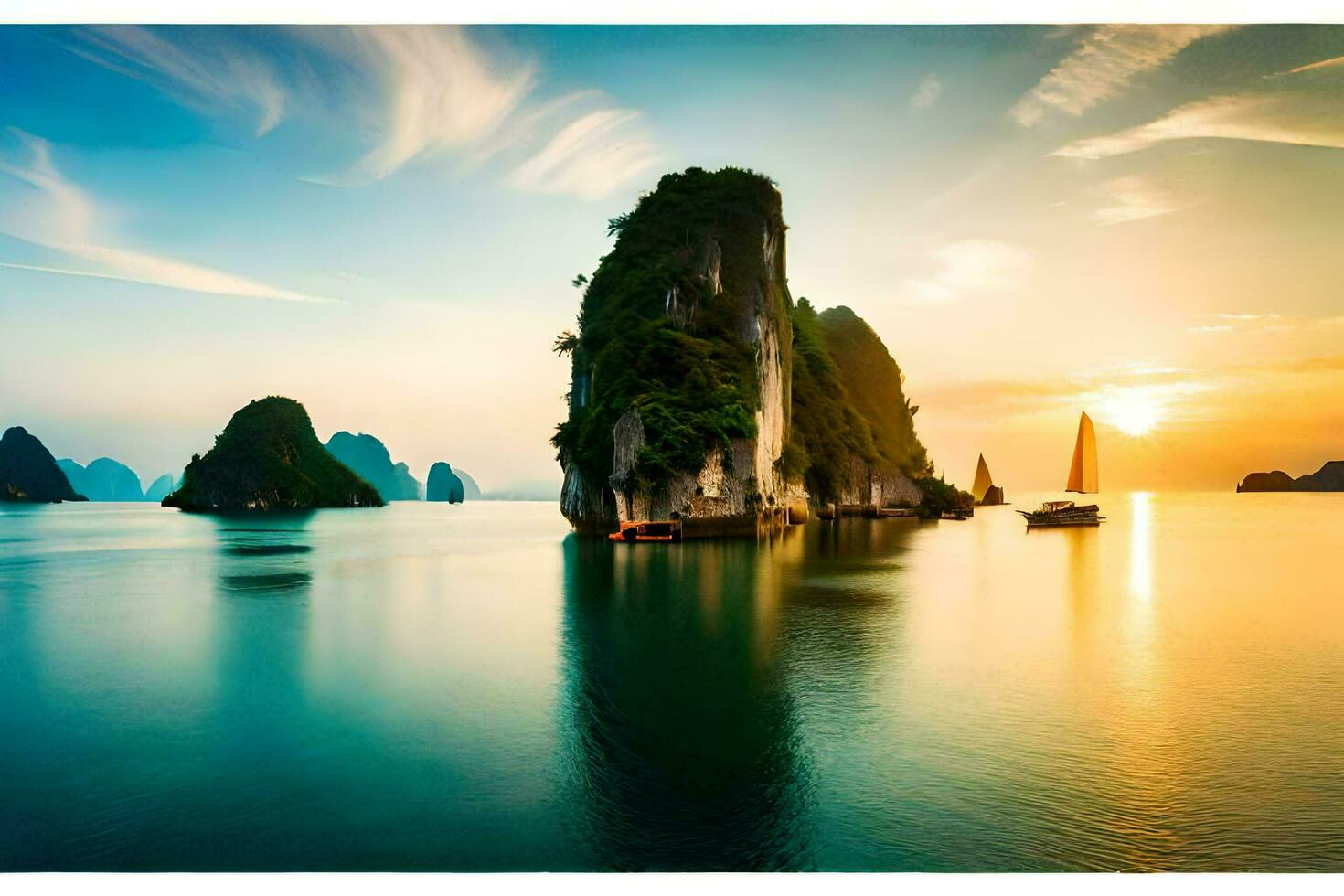 le Soleil ensembles plus de le l'eau dans halong baie. généré par ai photo