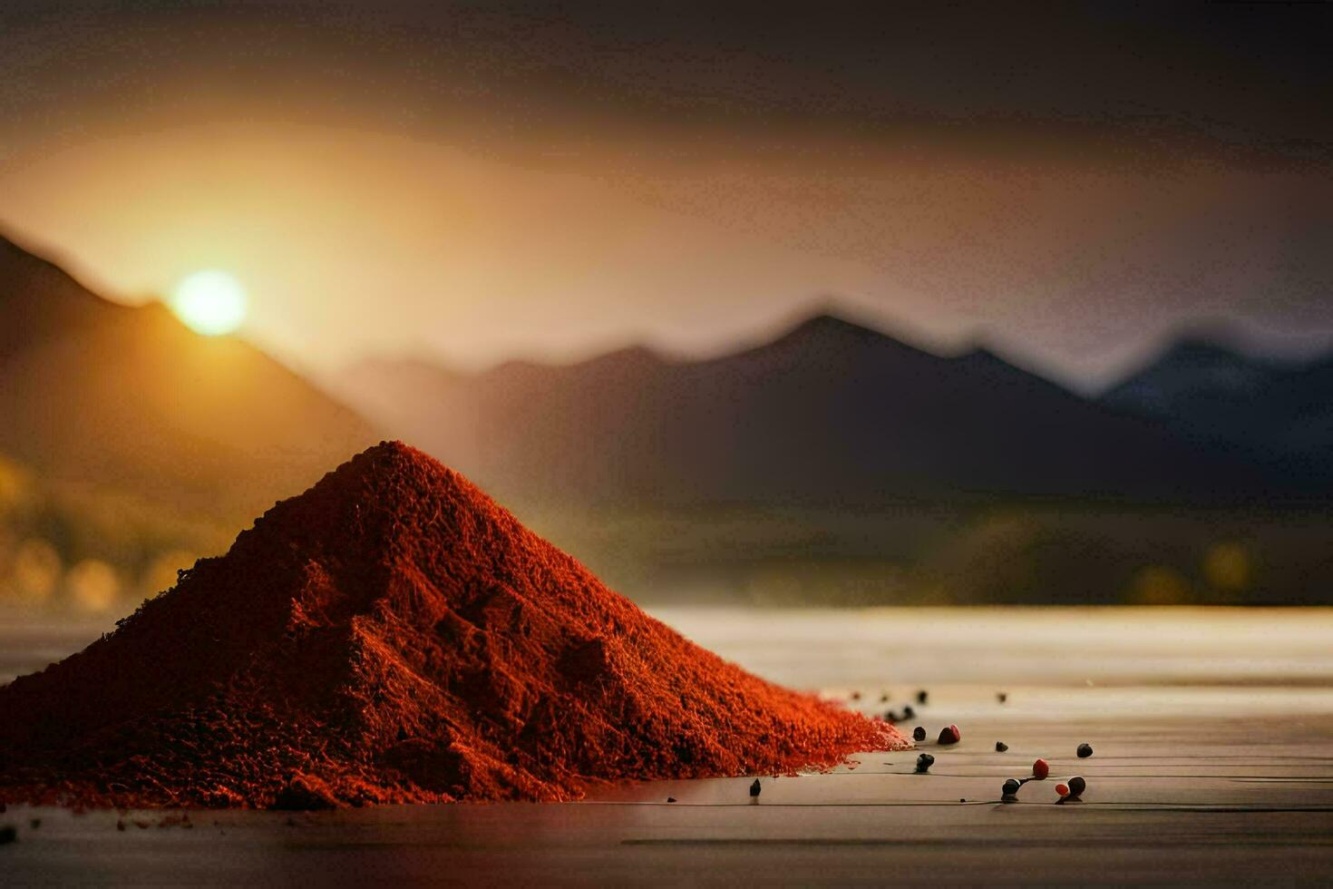 une pile de rouge poudre dans le milieu de une lac. généré par ai photo