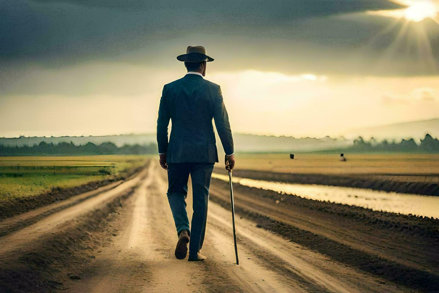 une homme dans une costume et chapeau en marchant vers le bas une saleté route. généré par ai photo