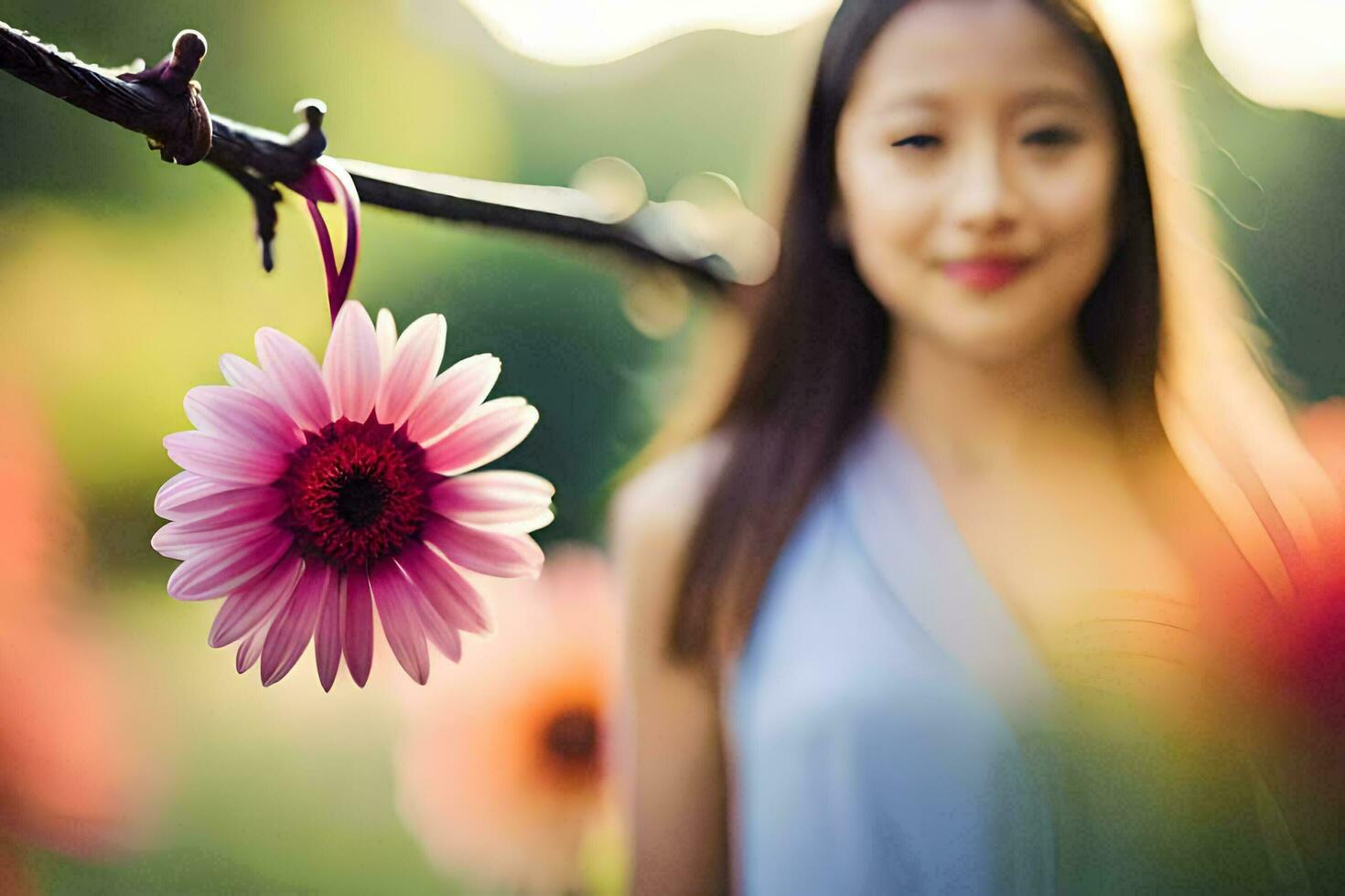 une femme permanent dans de face de une rose fleur. généré par ai photo