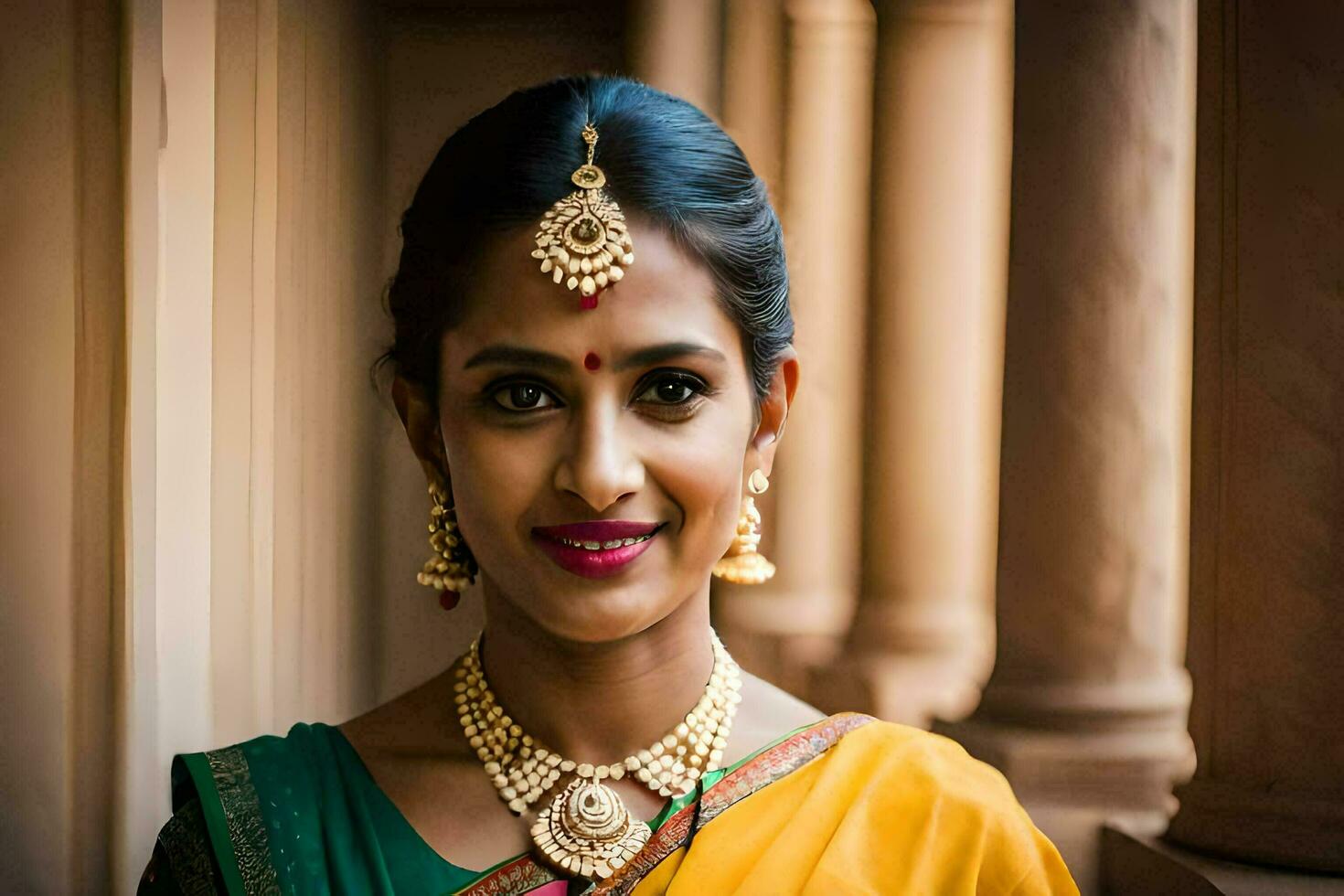 une magnifique Indien femme portant une Jaune sari et or bijoux. généré par ai photo