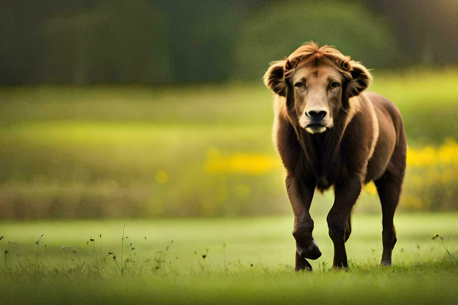 une marron Lion en marchant par une champ. généré par ai photo