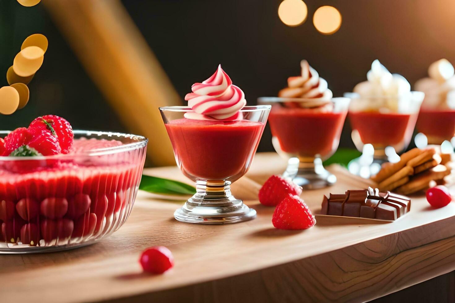 une table avec desserts et fruit. généré par ai photo