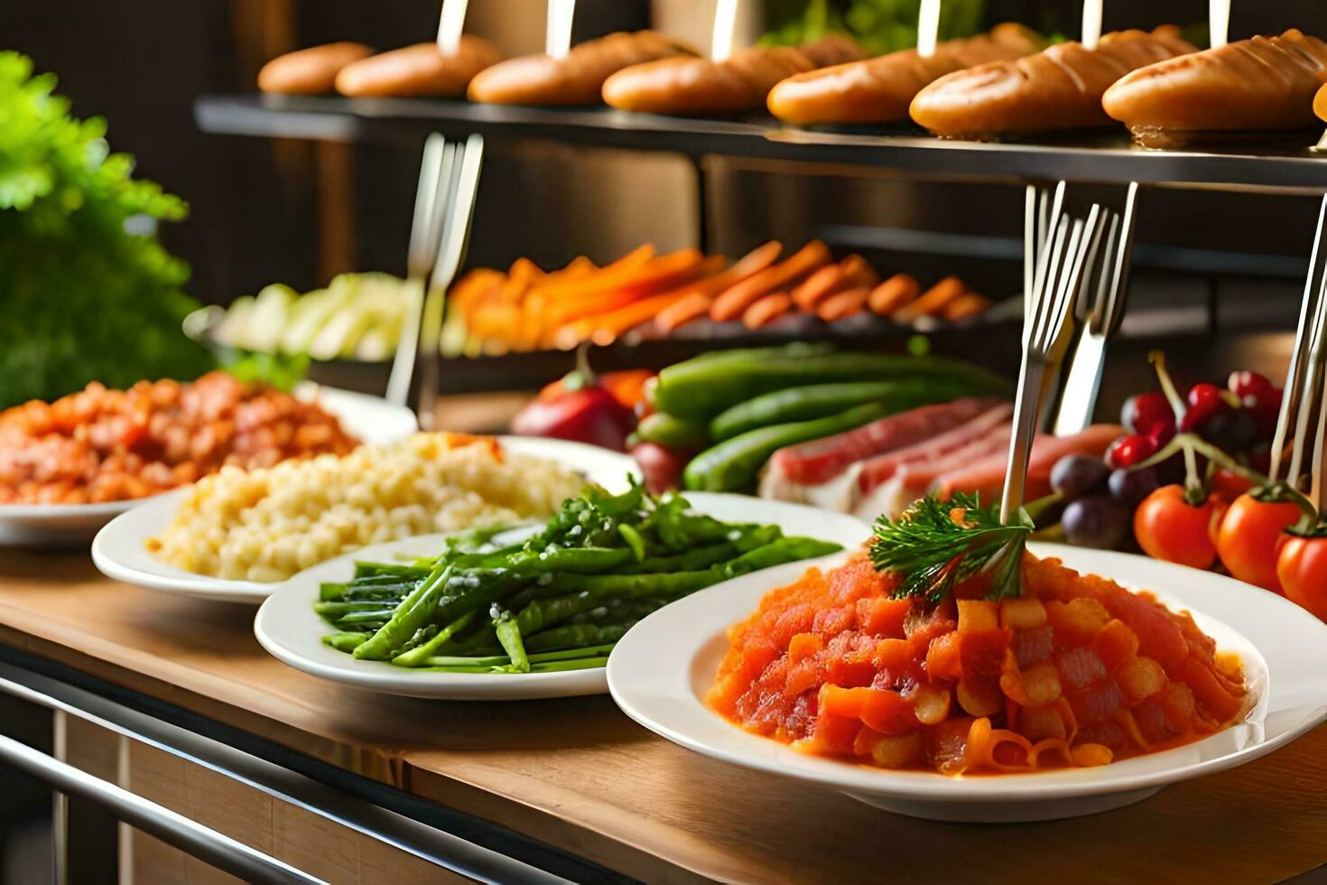 une buffet avec divers les types de nourriture sur il. généré par ai photo