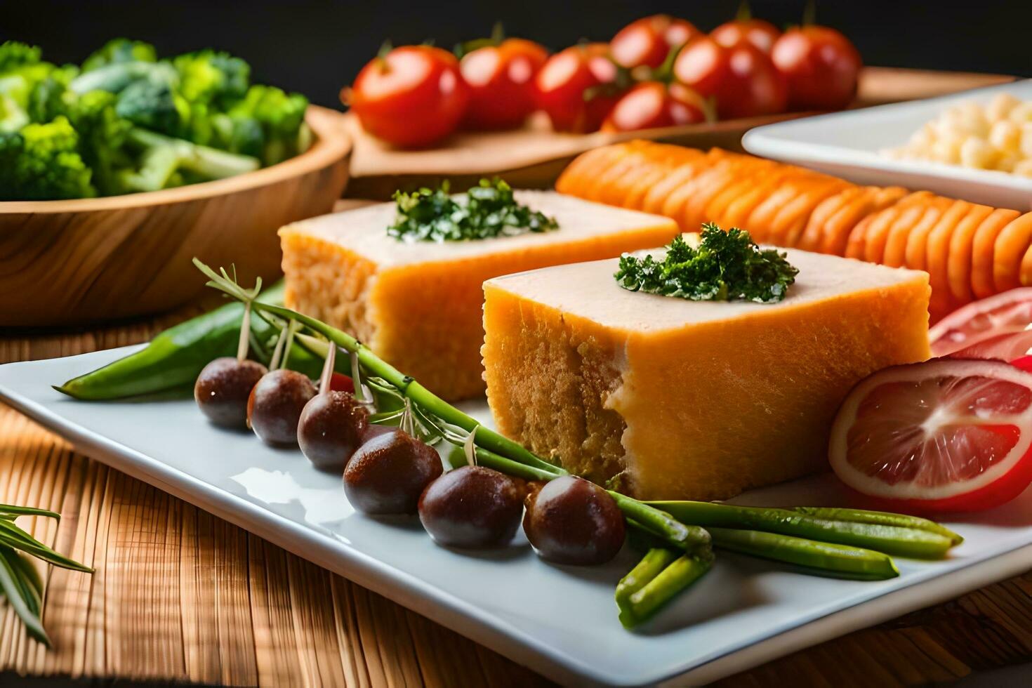 une assiette avec fromage, des légumes et pain. généré par ai photo