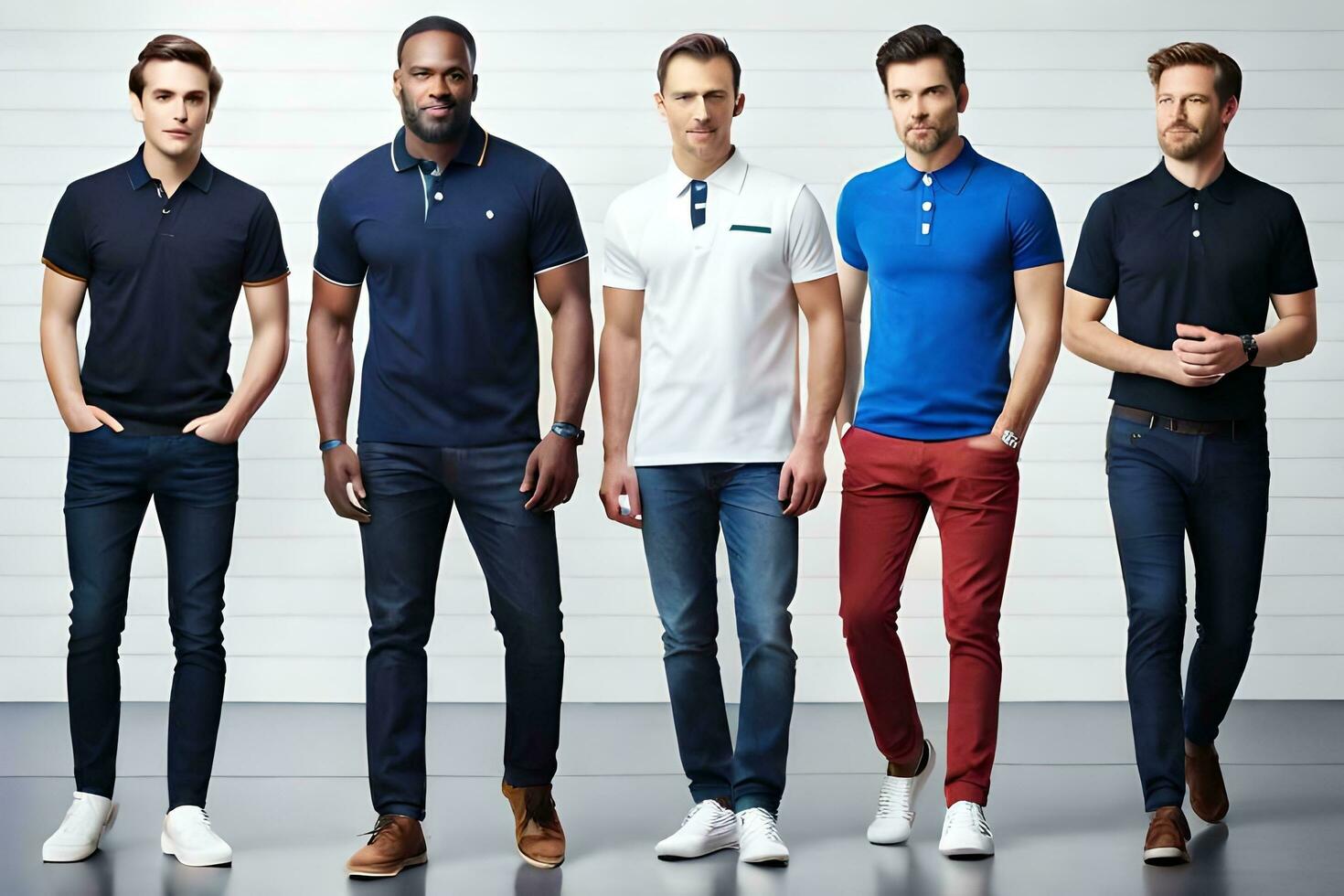 cinq Hommes dans différent couleurs de polo chemises. généré par ai photo