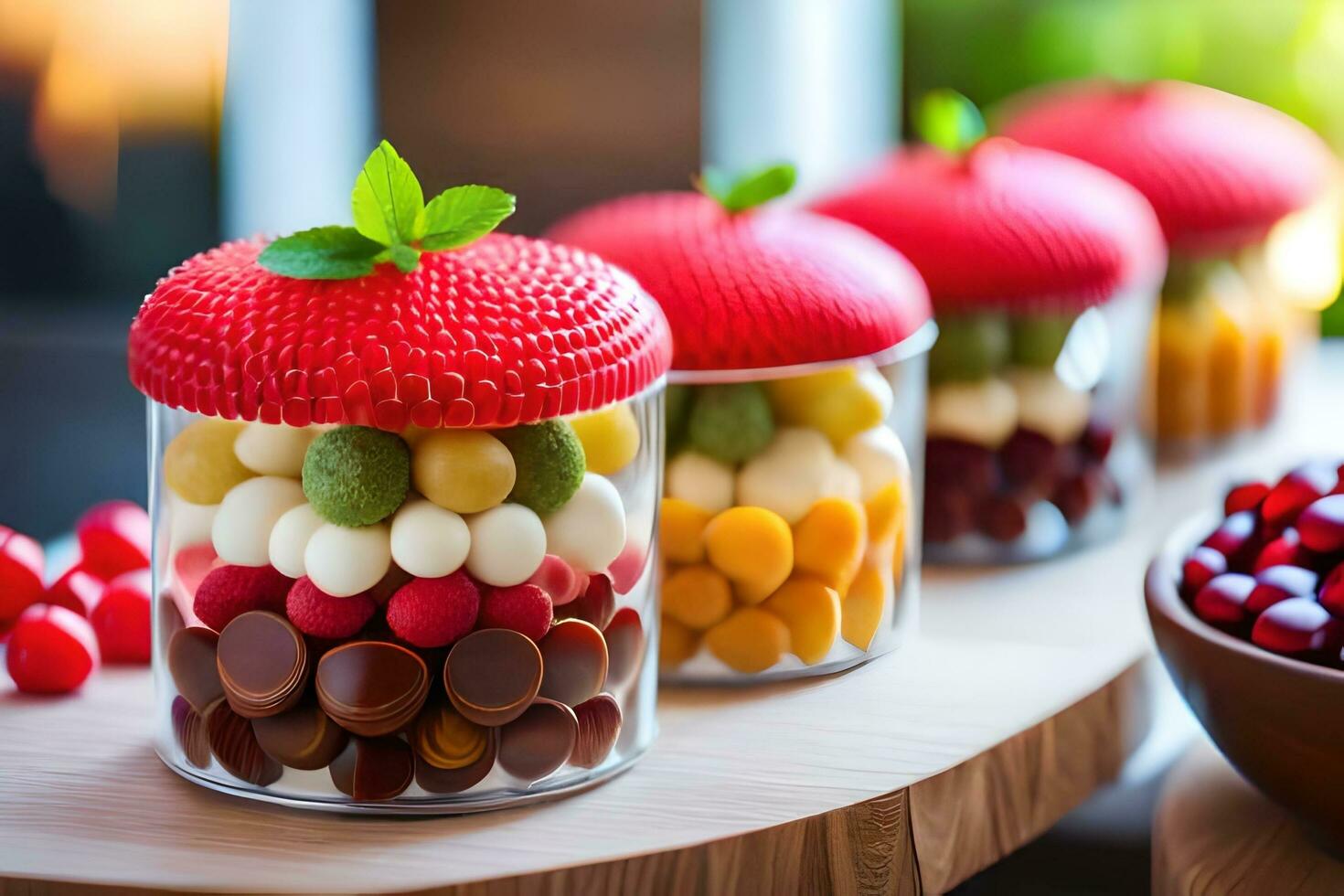 Trois pots rempli avec fruit et des noisettes. généré par ai photo