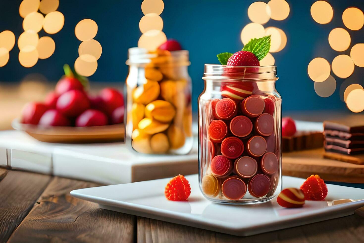 deux pots de bonbons sur une table avec une lumière Contexte. généré par ai photo