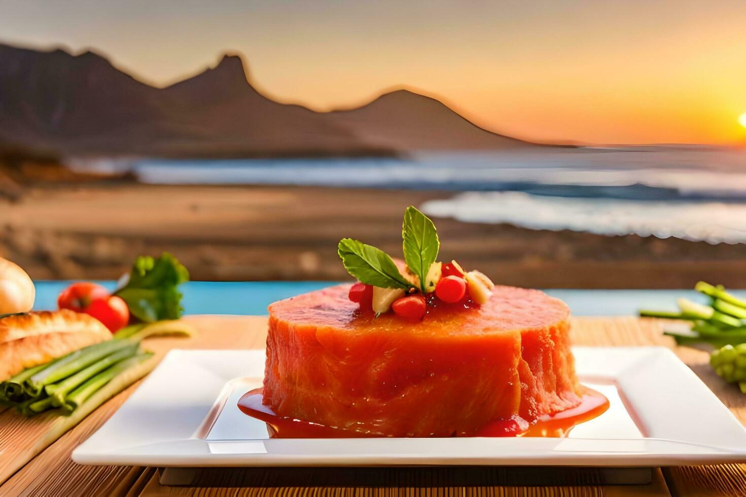 une assiette de nourriture avec une tomate sauce sur il. généré par ai photo