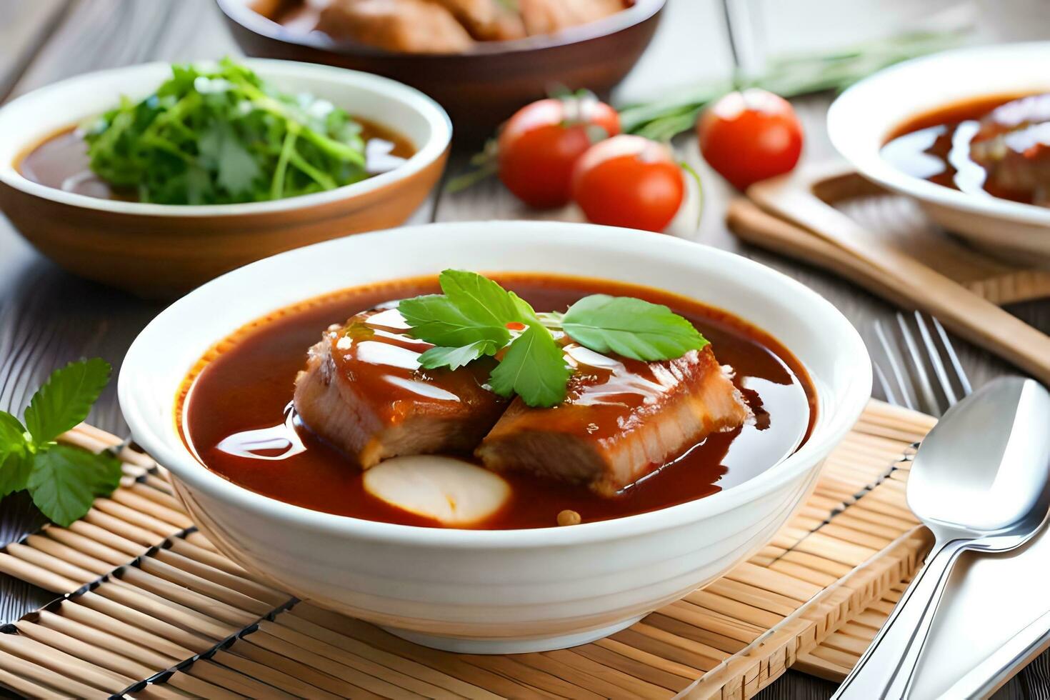 une bol de soupe avec Viande et des légumes. généré par ai photo