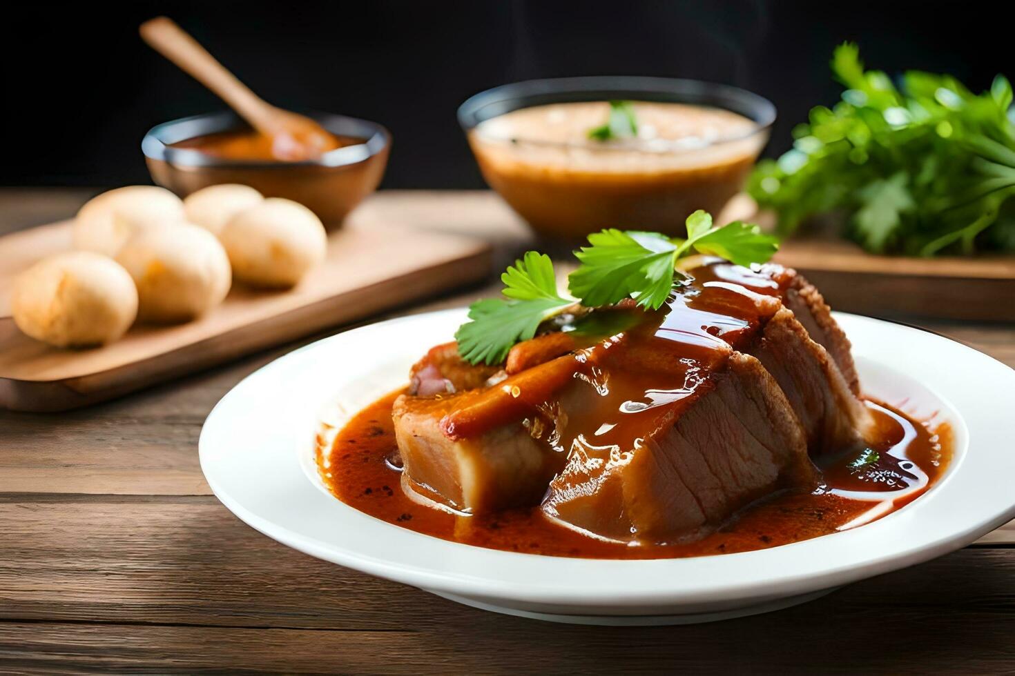 une assiette de Viande avec sauce et des légumes. généré par ai photo