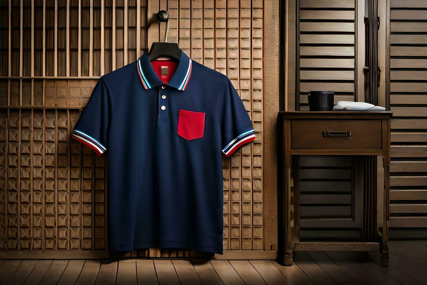 une polo chemise avec rouge et bleu rayures sur il. généré par ai photo