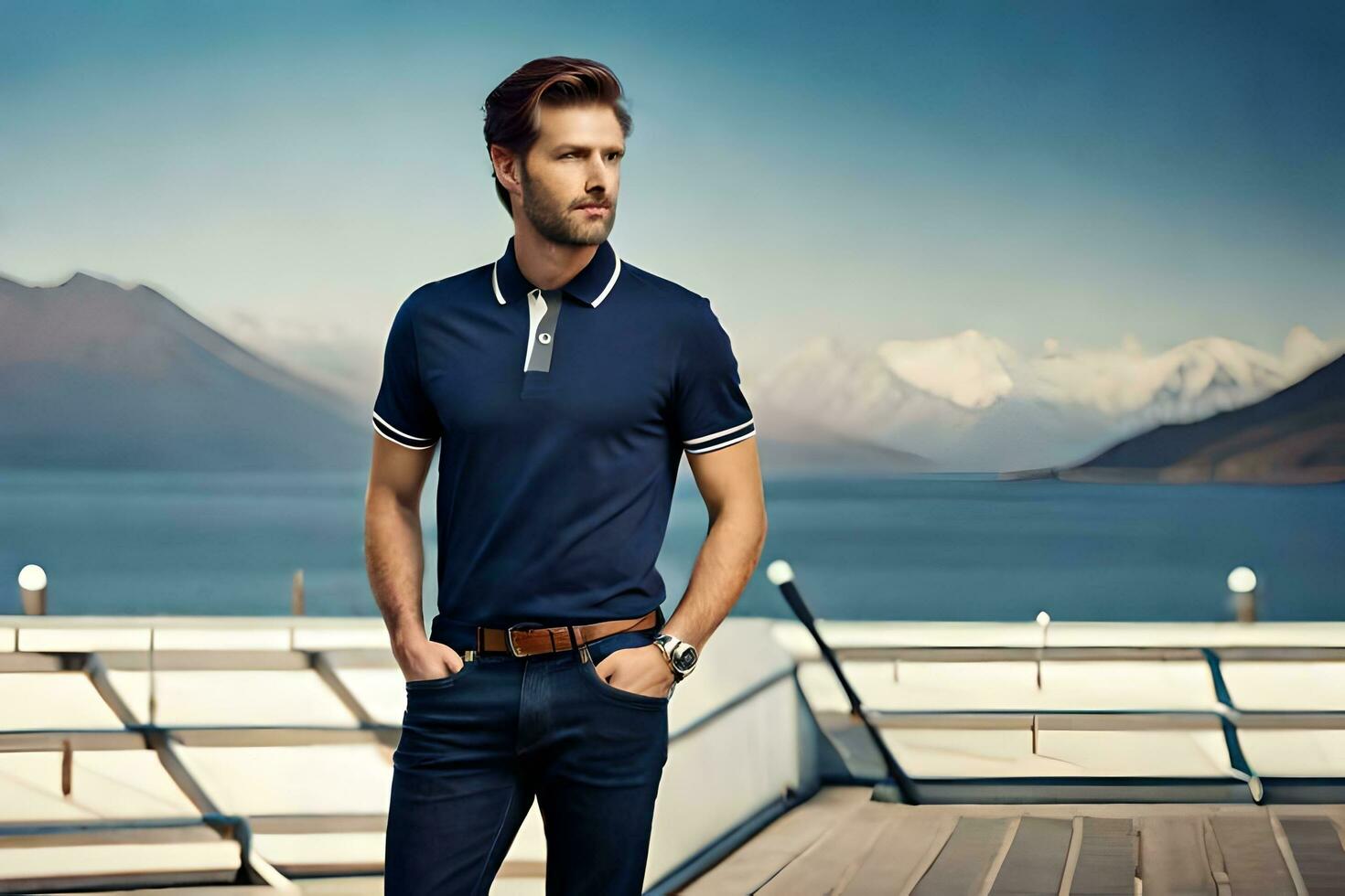 une homme dans une bleu polo chemise permanent sur une bateau. généré par ai photo