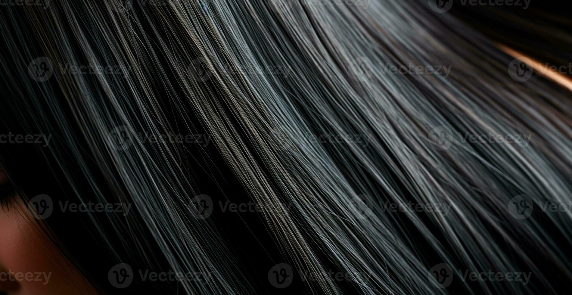 noir cheveux fermer comme Contexte. aux femmes longue Naturel foncé cheveux. fille avec ondulé brillant boucles - ai généré image photo