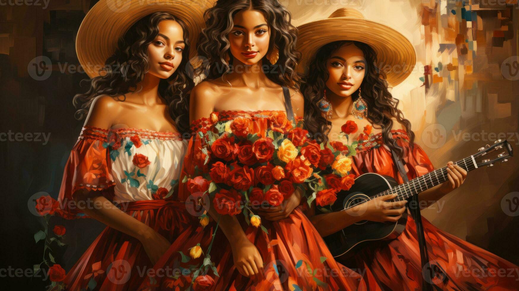 Trois magnifique latino femmes dans Chapeaux et écharpes avec une bouquet de rouge des roses. photo