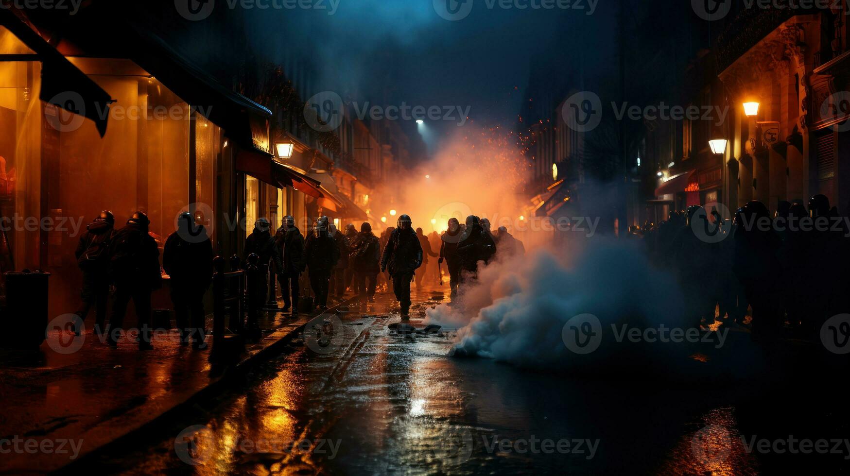 groupe de manifestants protester dans le ville. émeute police. photo