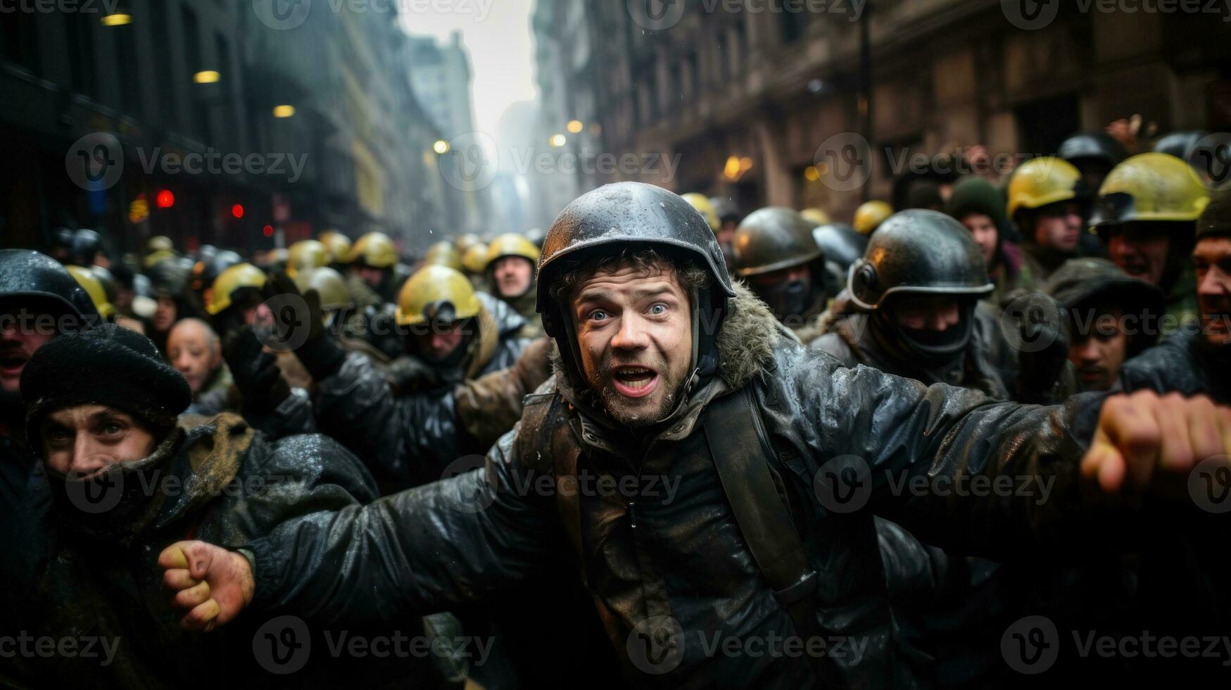 groupe de manifestants protester dans le ville. Humain droits se rallier et Justice guerrier concept. photo