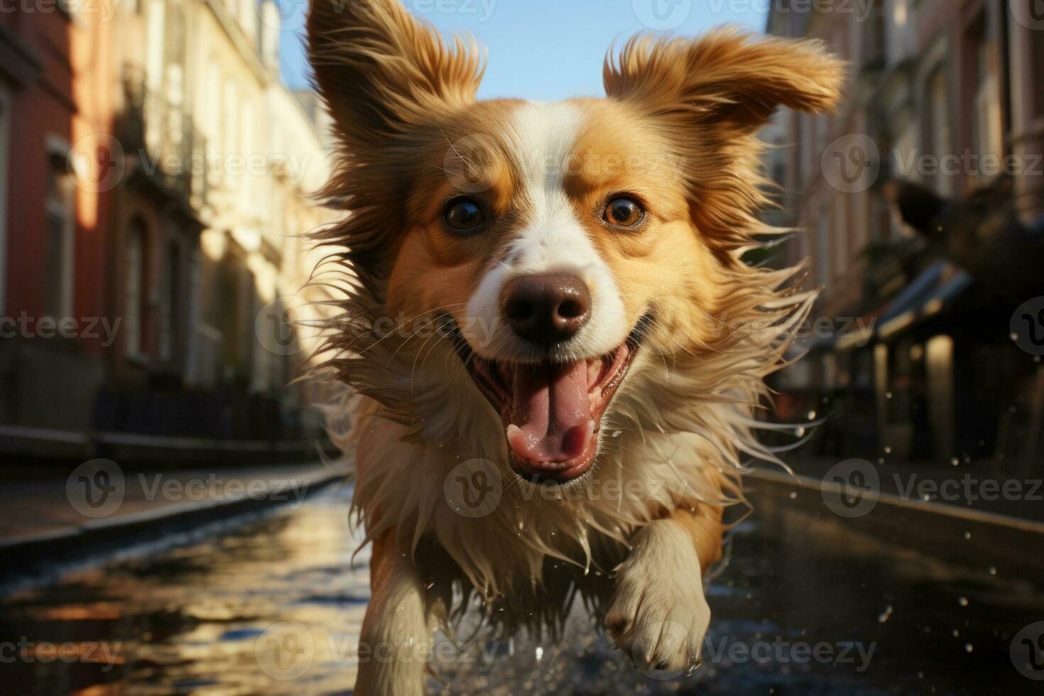 content chien en marchant à rue à été journée. génératif ai photo