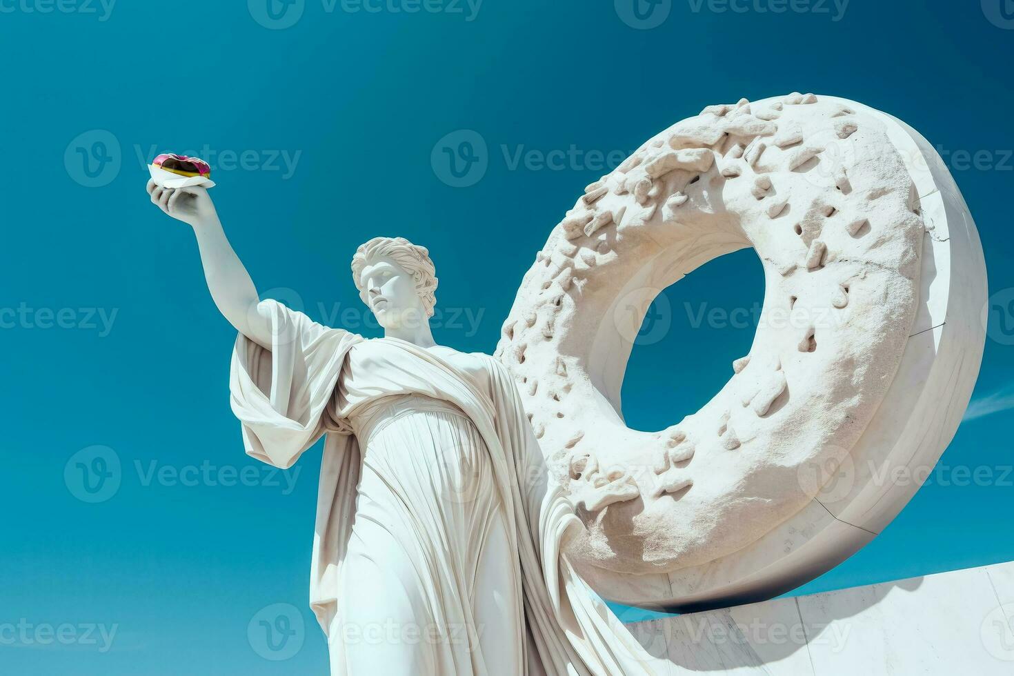 marbre ancien femme grec statue mange Donut dans le futuriste ville photo