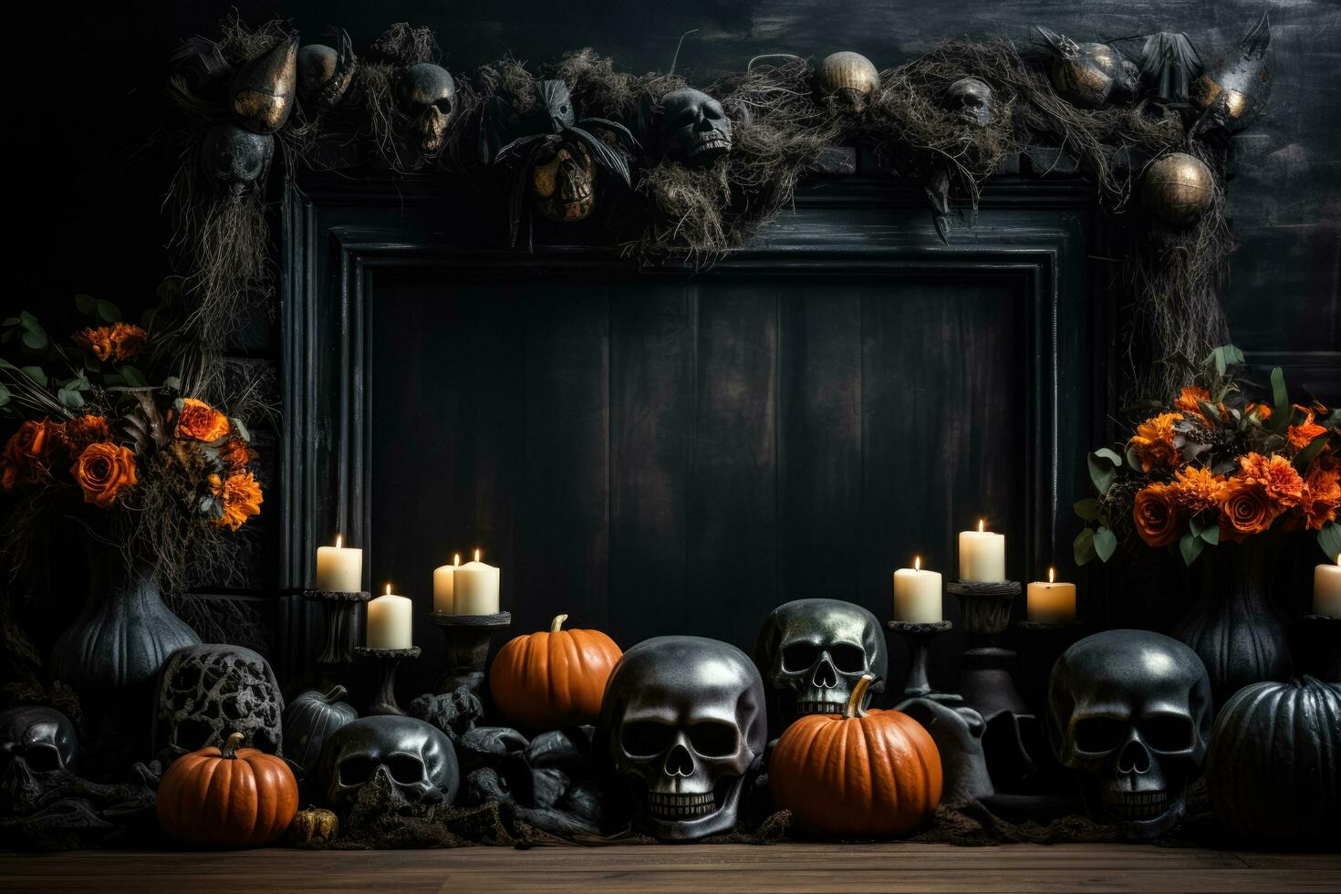 de façon obsédante magnifique Halloween cheminée manteau décor Contexte avec vide espace pour texte photo