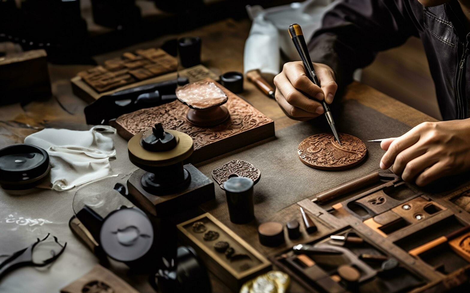 le artisanat de peinture, une main, une brosse, et une en bois boîte photo