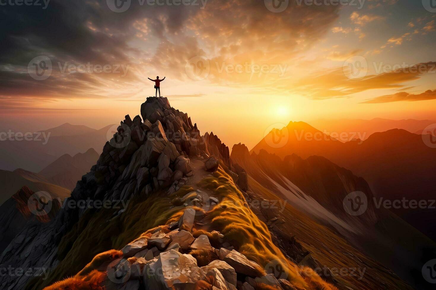 homme permanent sur Haut de une falaise à le coucher du soleil avec lumière du soleil en train de regarder le magnifique Montagne. réussite Succès concept. ai généré photo