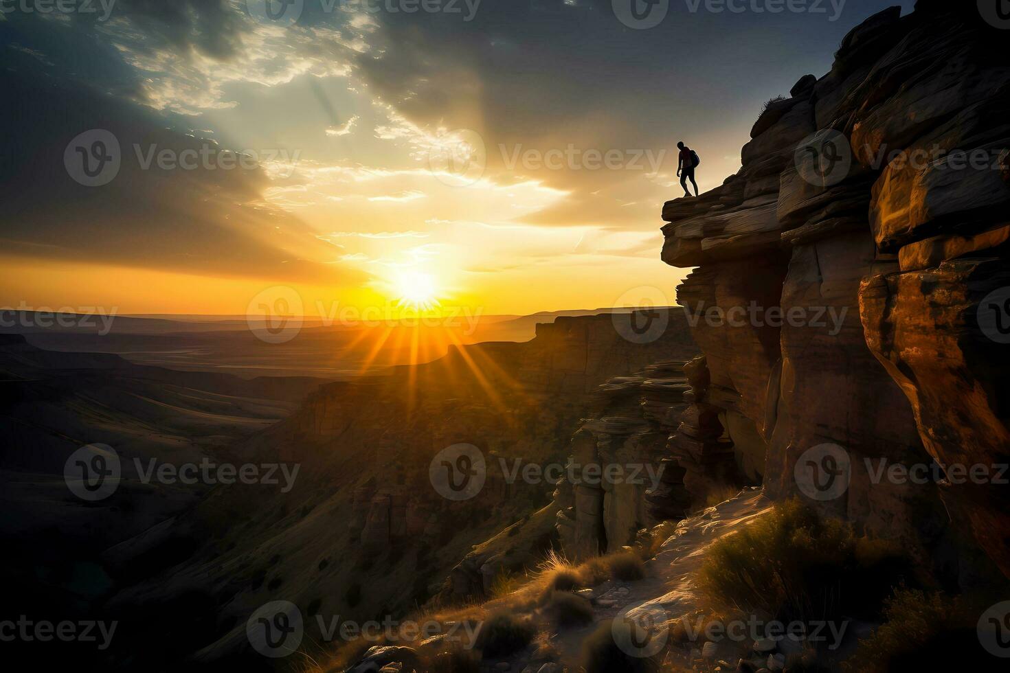 homme permanent sur Haut de une falaise à le coucher du soleil avec lumière du soleil en train de regarder le magnifique Montagne. réussite Succès concept. ai généré photo