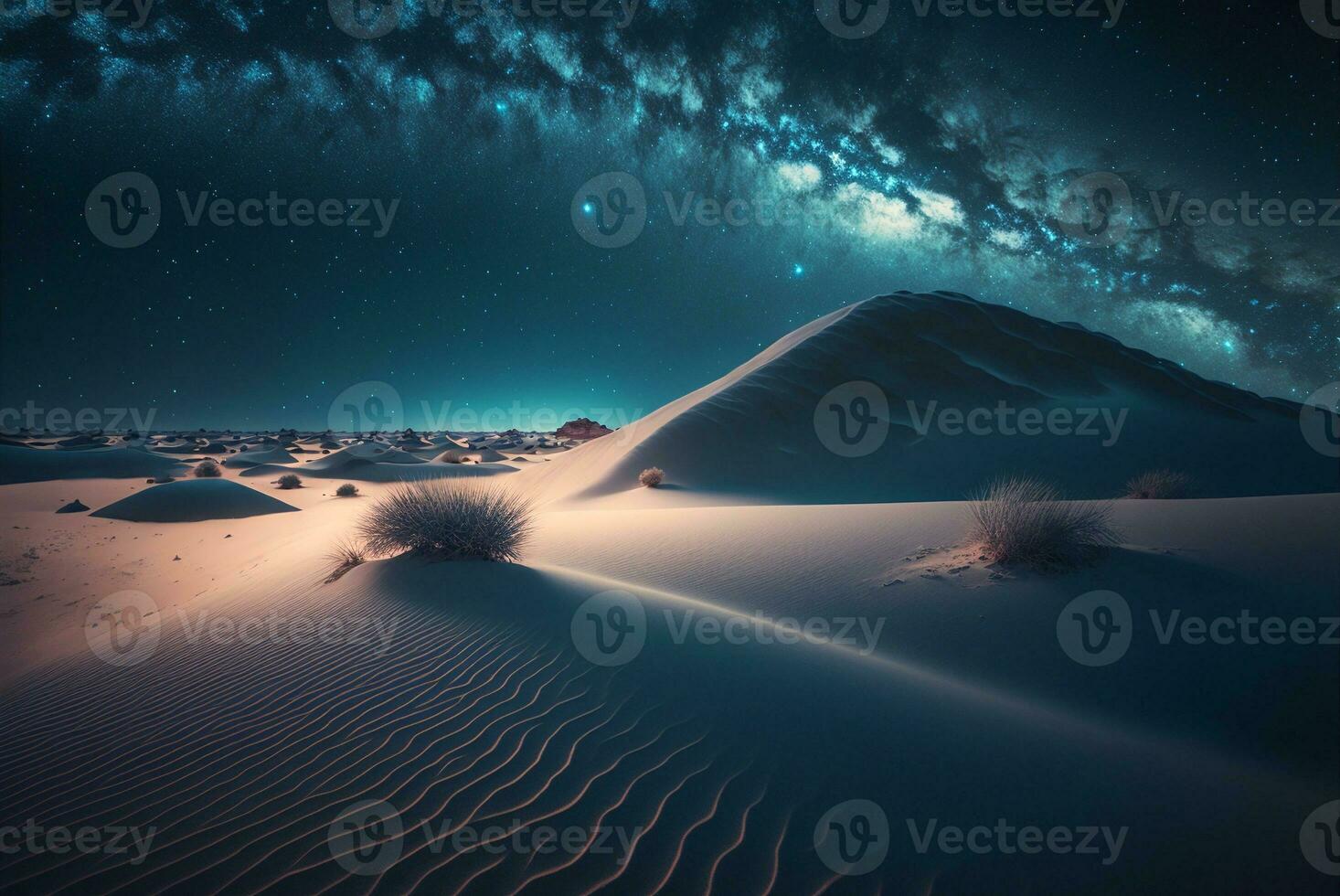 étoilé nuit dans le désert avec dunes, foncé nuit ciel avec étoiles. laiteux façon plus de le désert. scénique vue de désert contre ciel à nuit. ai généré photo