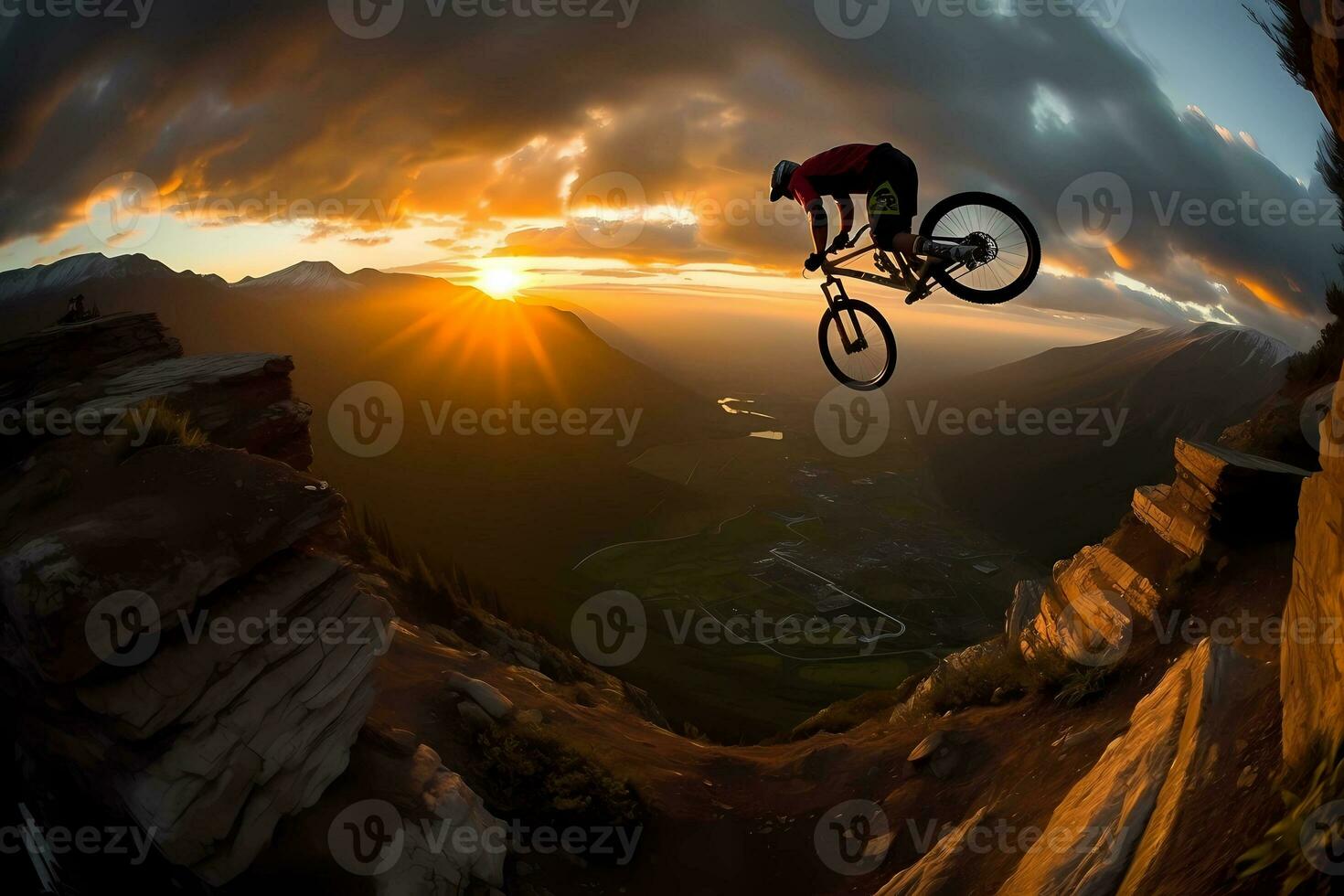 silhouette de moto cavalier Faire cascade sur rocheux Montagne comme sauter traverser pente de Montagne avec le coucher du soleil rétro-éclairé. ai généré photo