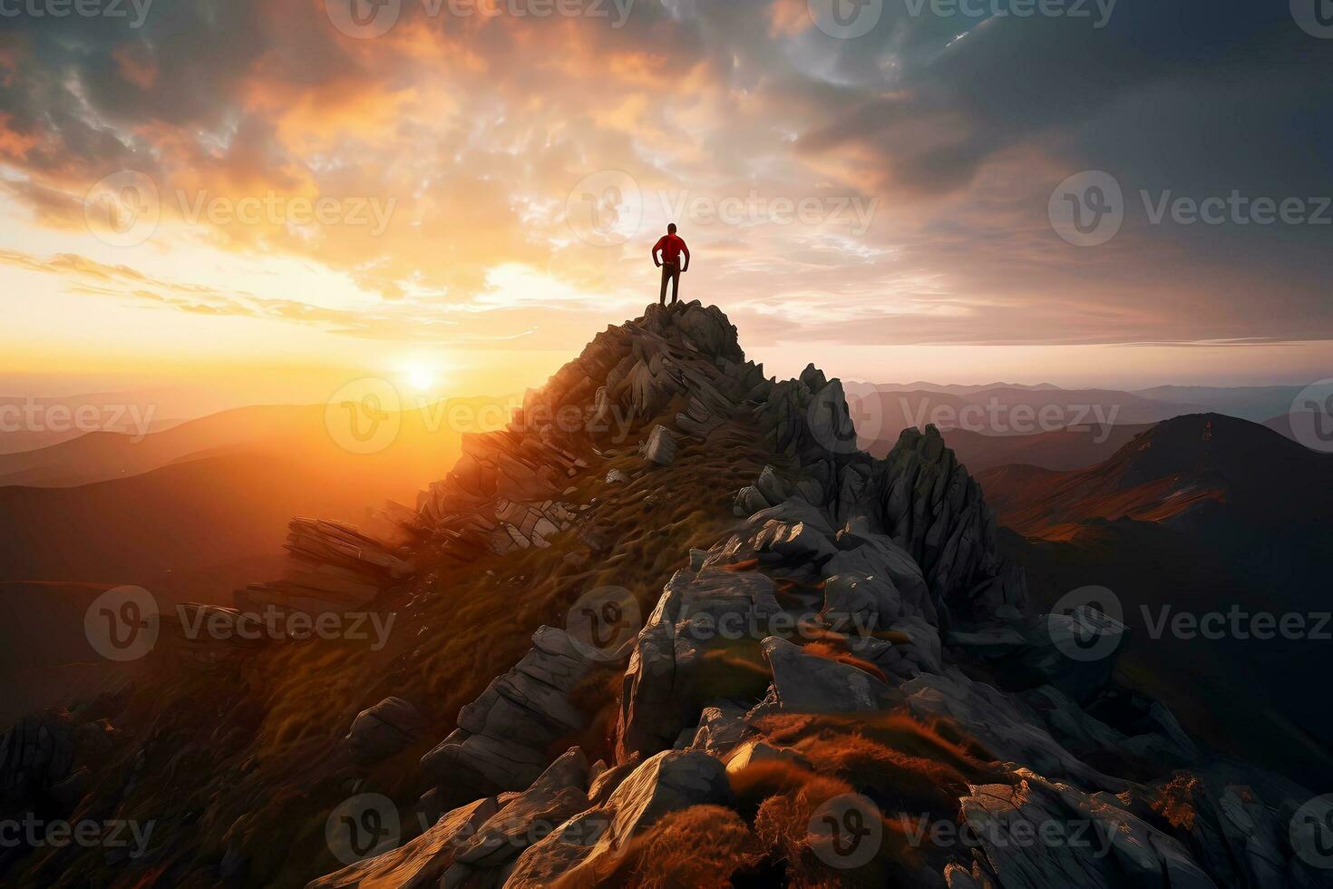 homme permanent sur Haut de une falaise à le coucher du soleil avec lumière du soleil en train de regarder le magnifique Montagne. réussite Succès concept. ai généré photo