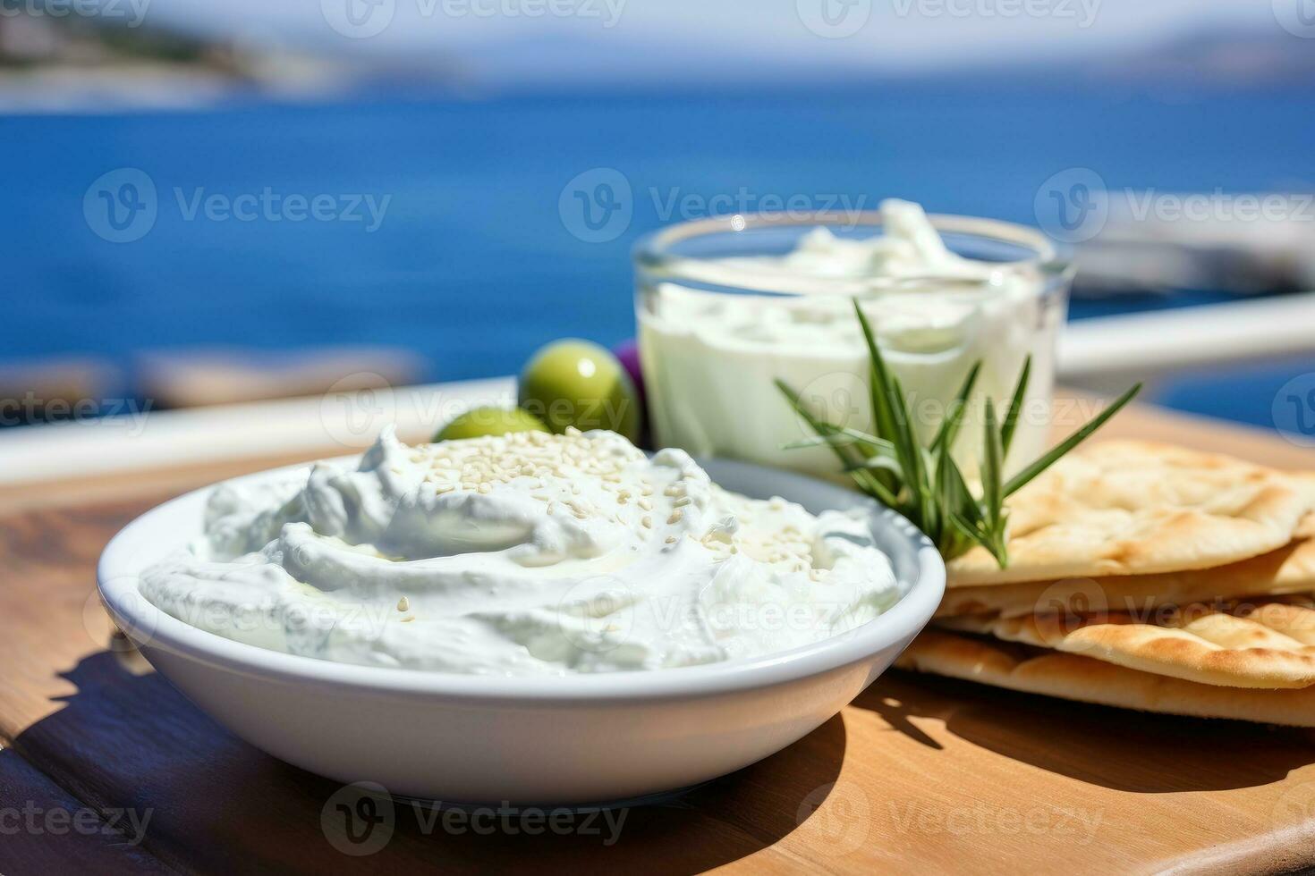 proche en haut vue de Tzatziki sur grec tableau, mer dans Contexte. génératif ai photo