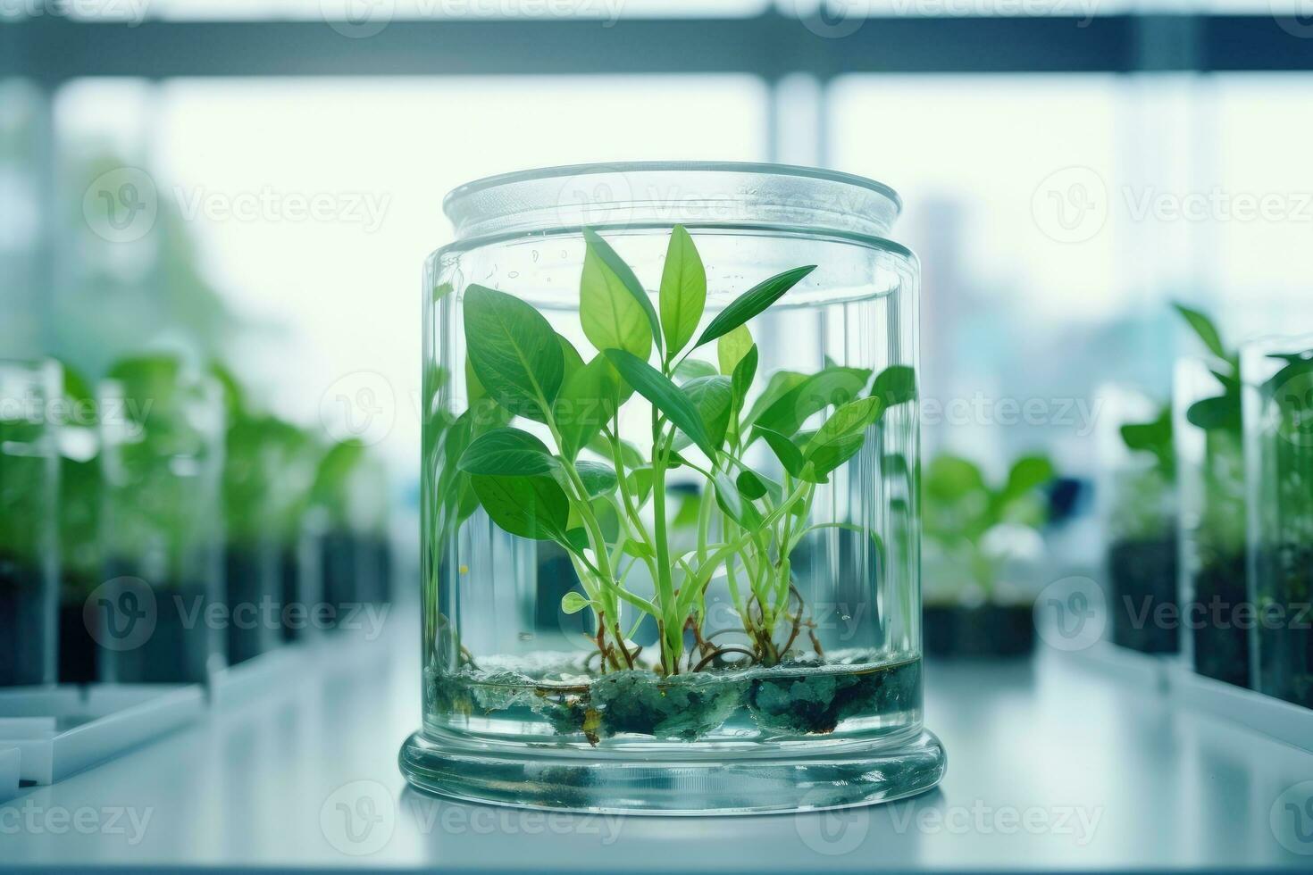 plante recherche, vert plante dans une verre pot dans une laboratoire. écologique reproduction et plante développement. photo