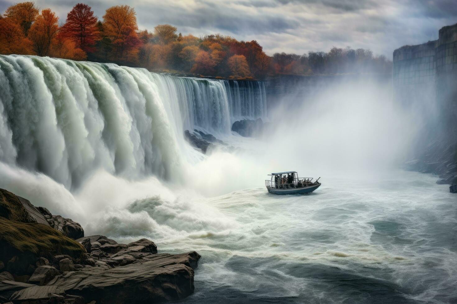 niagara chutes, ontario, Canada. l'automne scène de niagara chutes, fer à cheval automne, niagara gorge et bateau dans brume, niagara chutes, ontario, Canada, ai généré photo