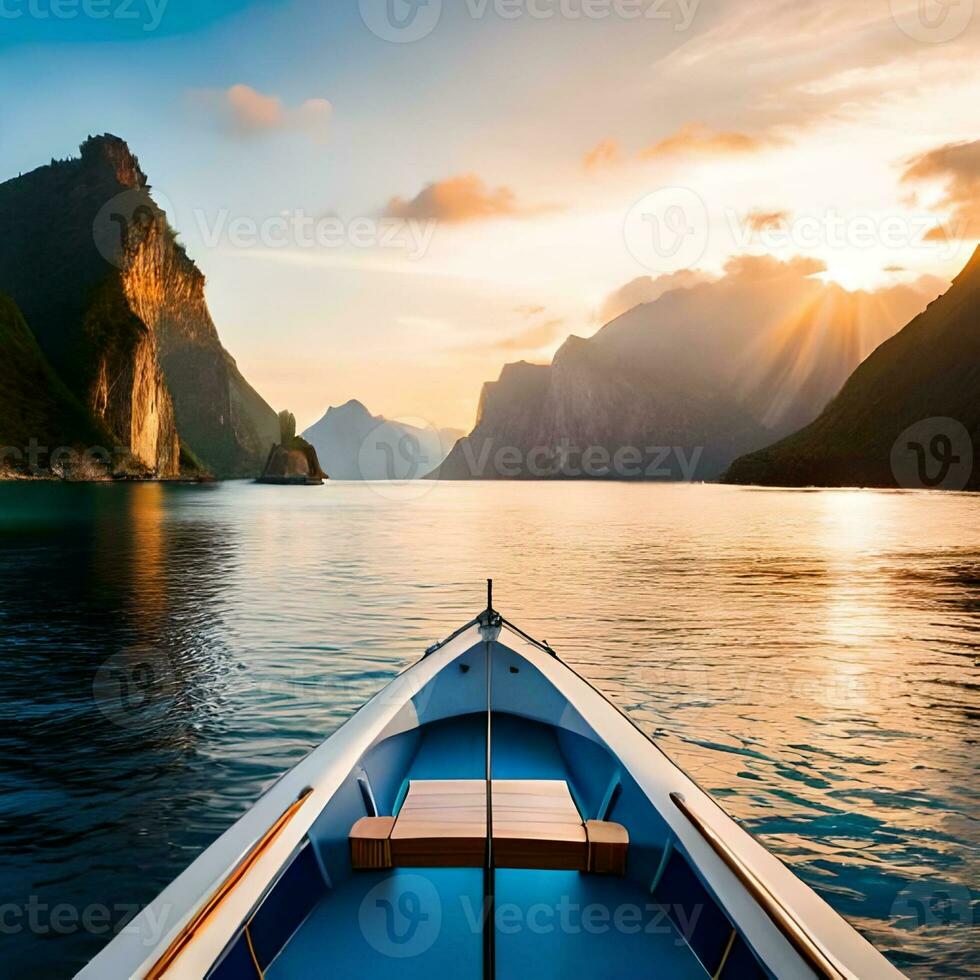 le animé atmosphère de une mer voyage sur une luxe navire dans un atmosphère de Naturel beauté dans le milieu de le mer le long de avec montagnes et couchers de soleil, génial pour fond d'écran, les blogs. génératif ai image photo
