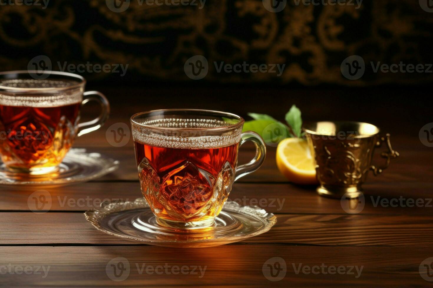 turc thé dans traditionnel verre sur en bois table Contexte. produire ai photo