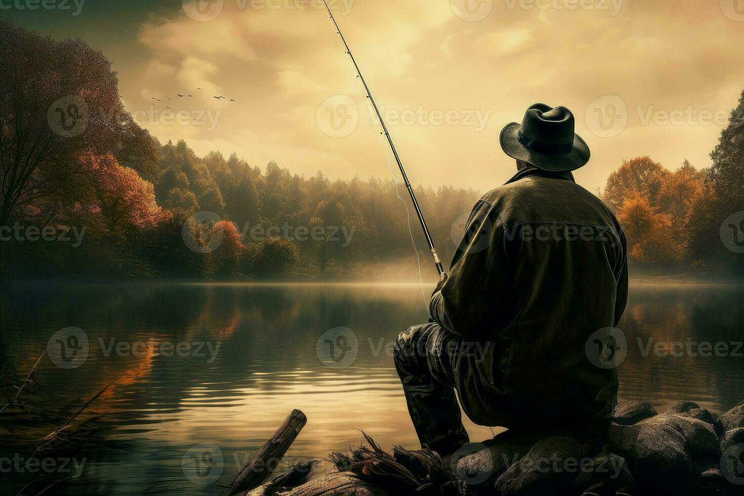 pêcheur homme pêche canne à pêche. produire ai photo