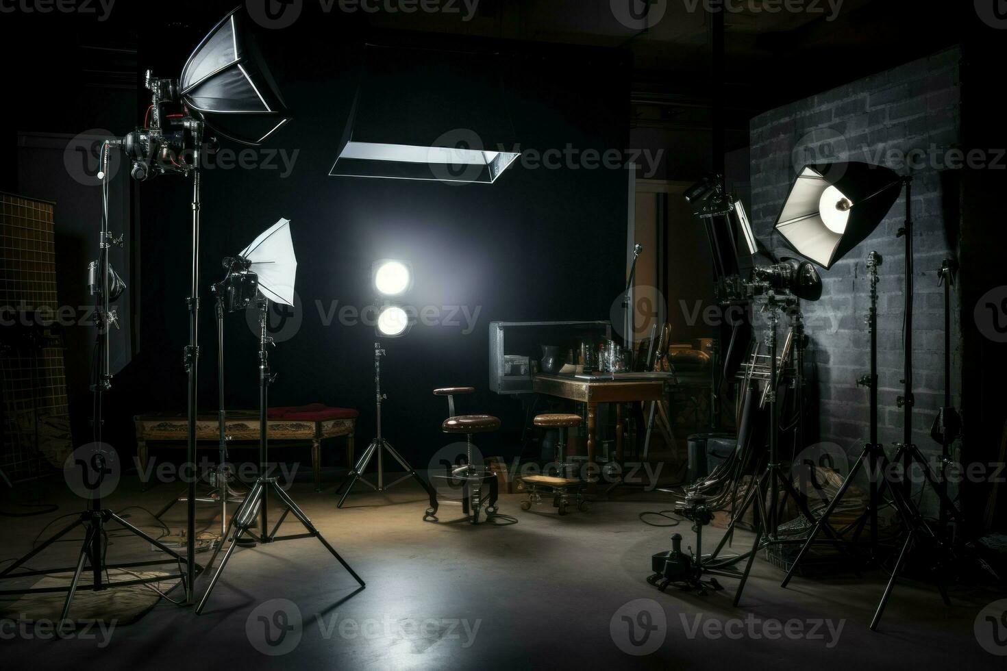 studio éclairage pièce isolé sur noir brique mur. produire ai photo