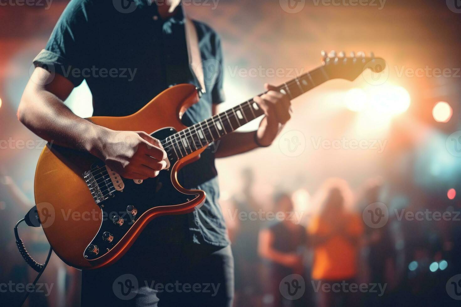 musicien avec guitare sur scène avec projecteurs. génératif ai photo