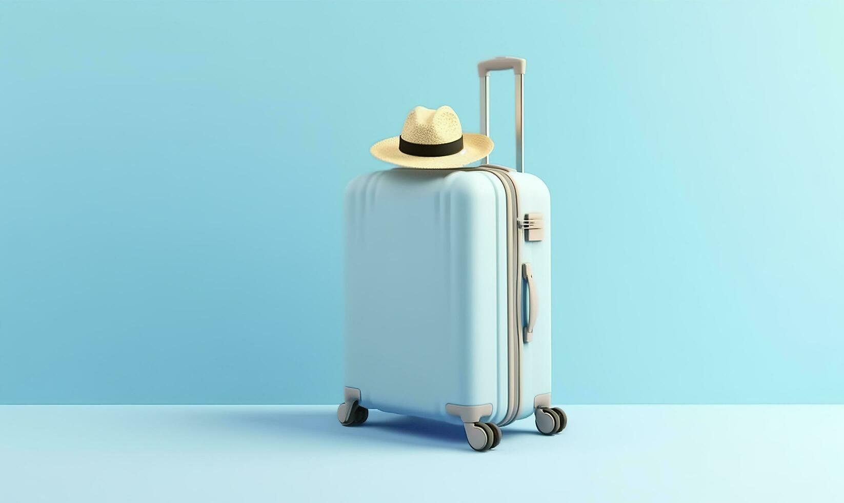 bleu valise avec des lunettes de soleil sur une pastel bleu Contexte. Voyage concept. génératif ai photo