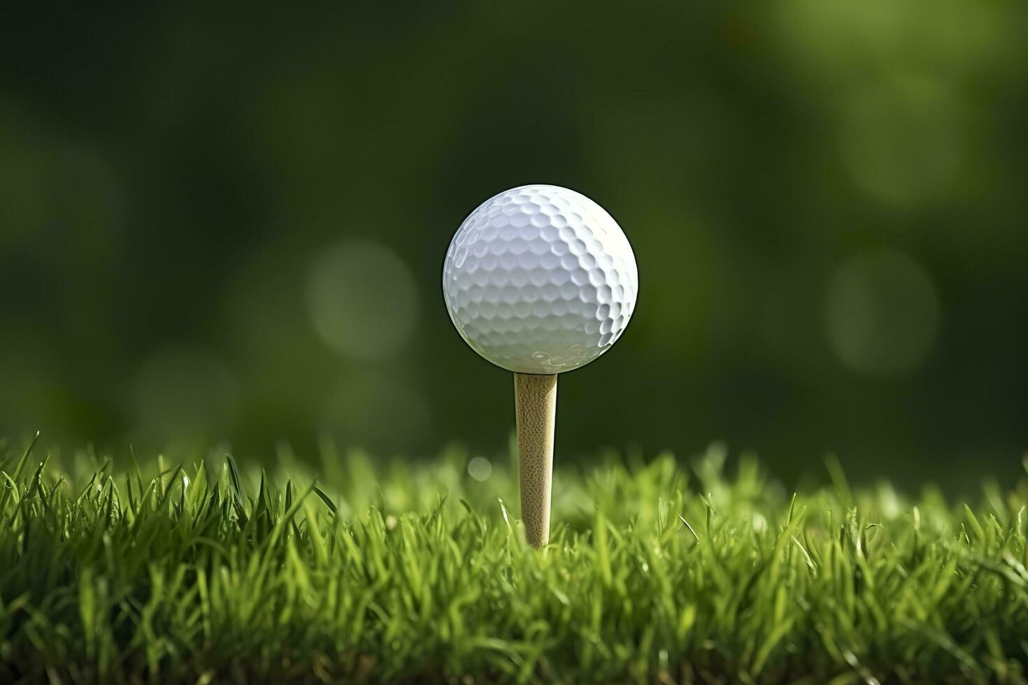 blanc le golf Balle sur en bois tee avec herbe. génératif ai photo