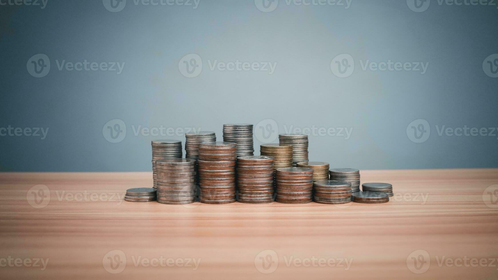 pièces de monnaie sont doublé en haut sur une en bois sol le long de avec indice graphiques, flèches et chandeliers. représente financier, économique, affaires croissance concepts. financier Succès concept. photo