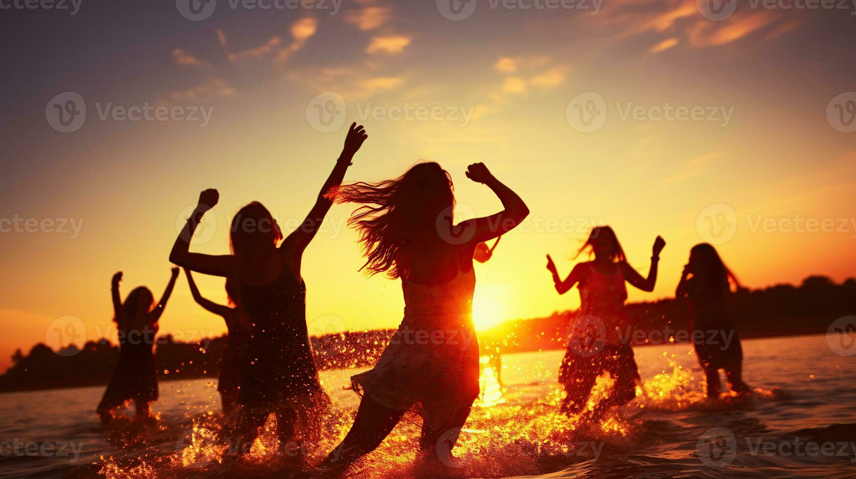 plage faire la fête. adolescent les filles ayant amusement dans l'eau. groupe de content Jeune gens dansant à le plage sur magnifique été le coucher du soleil. génératif ai photo