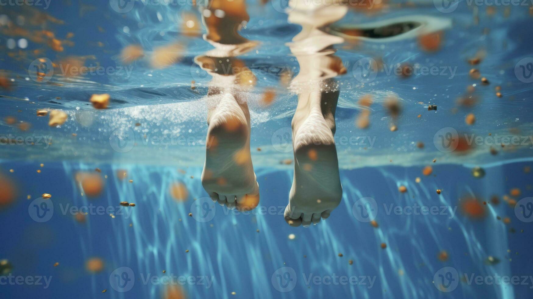 marrant sous-marin jambes dans nager piscine, en dessous de l'eau vue de femmes ou enfants, vacances et sport concept. génératif ai photo