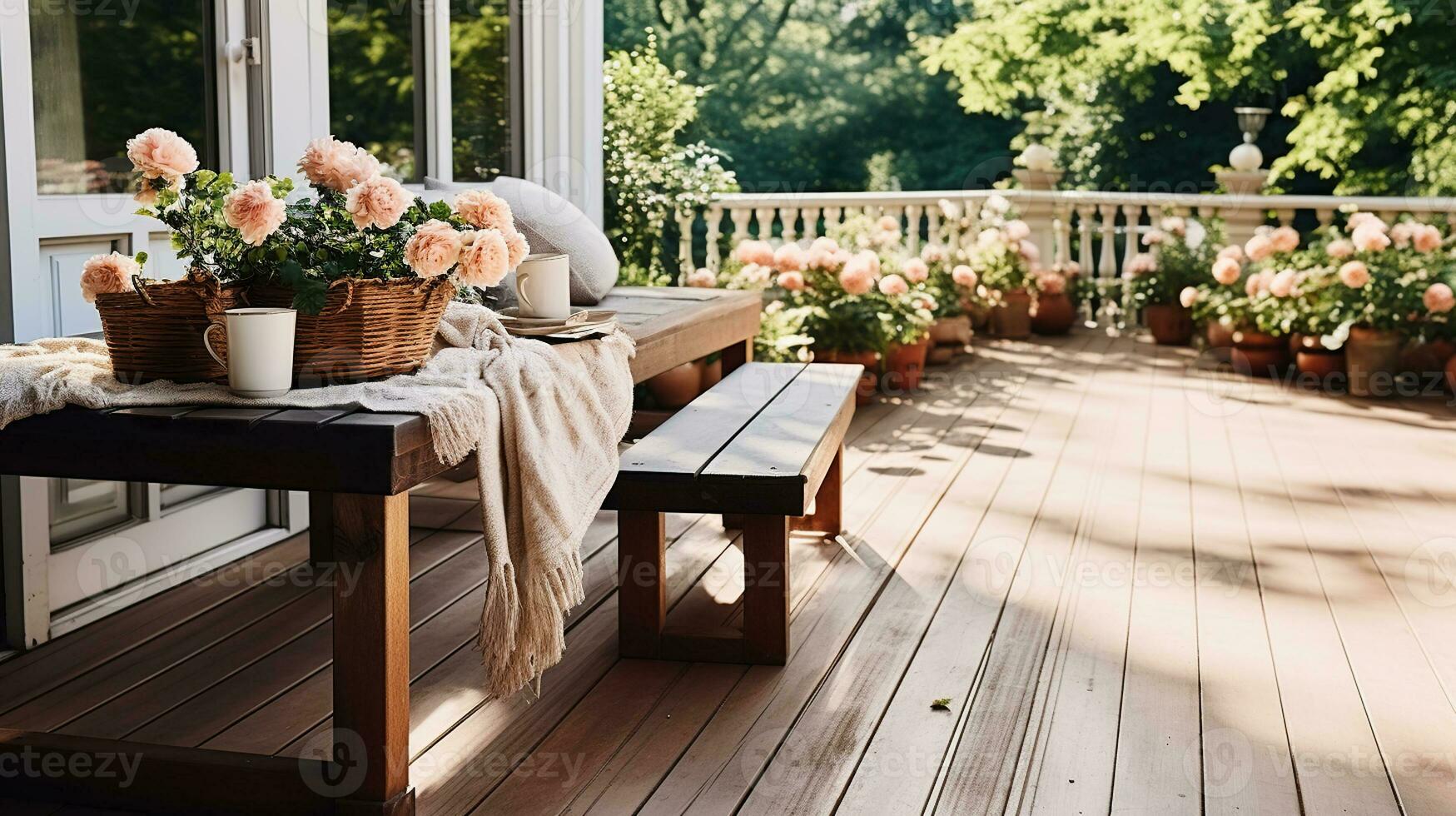 en bois terrasse de maison avec banc et bouquet de fleurs sur Contexte de vert Cour. génératif ai photo