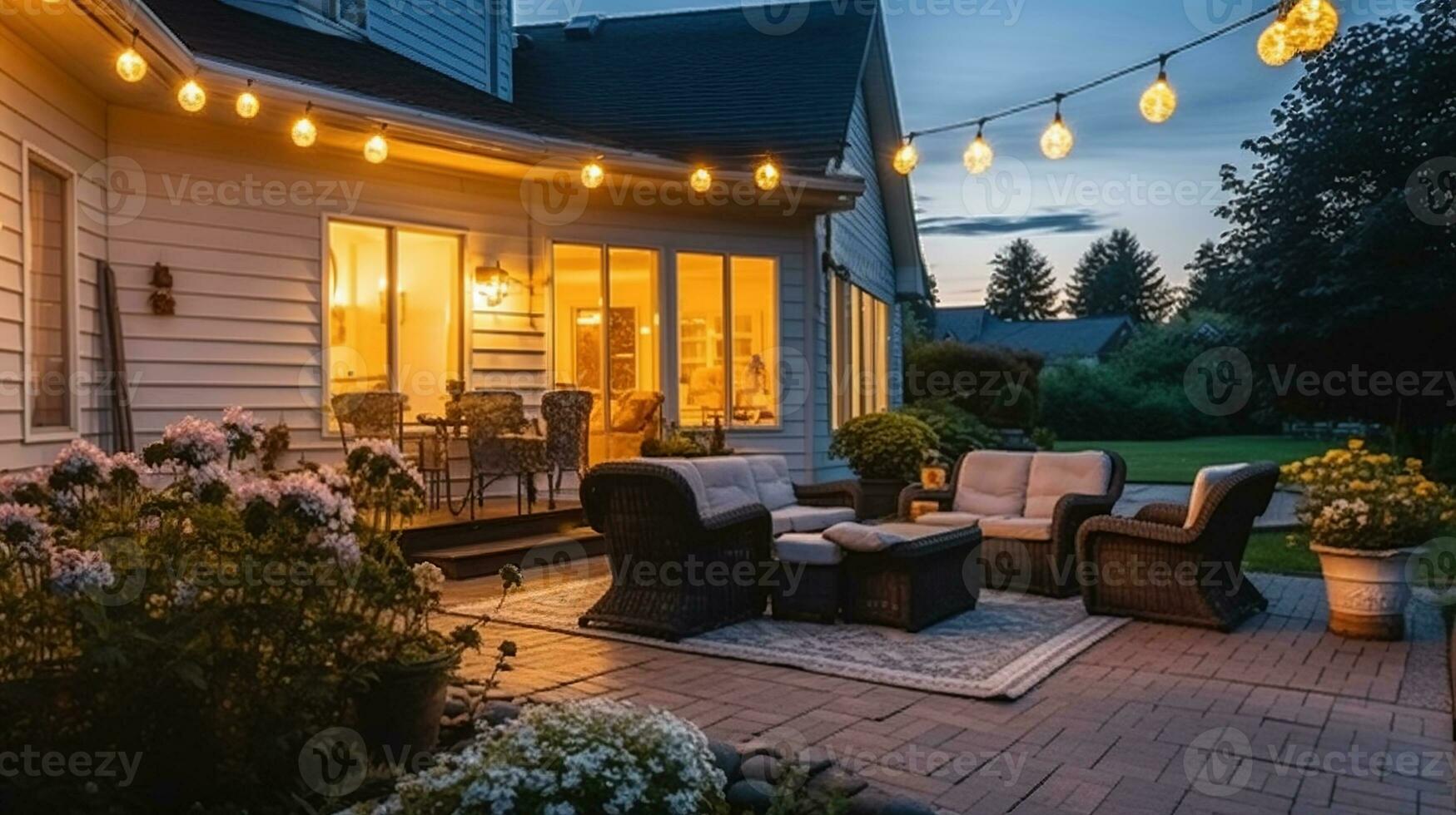 été soir sur le patio de magnifique de banlieue maison avec magnifique jardin. génératif ai photo