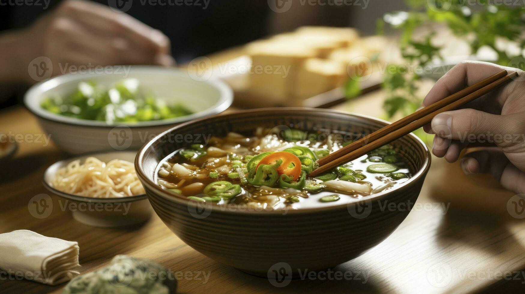 chaleur dans une bol. le confort de fait maison miso soupe. génératif ai photo