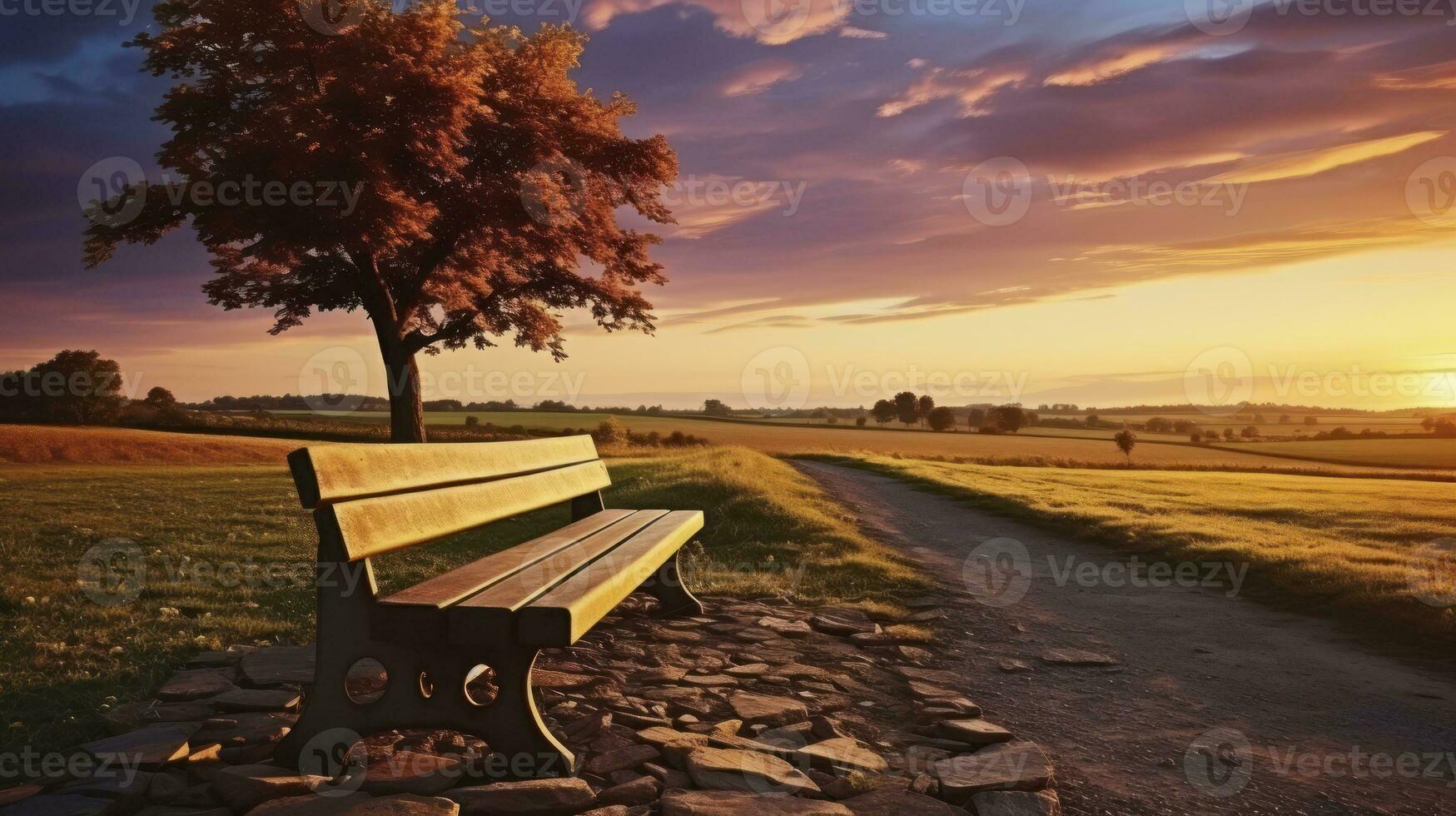 sur le banc félicité - coloré le coucher du soleil paysage dans rural paysage avec une banc et une chemin. génératif ai photo