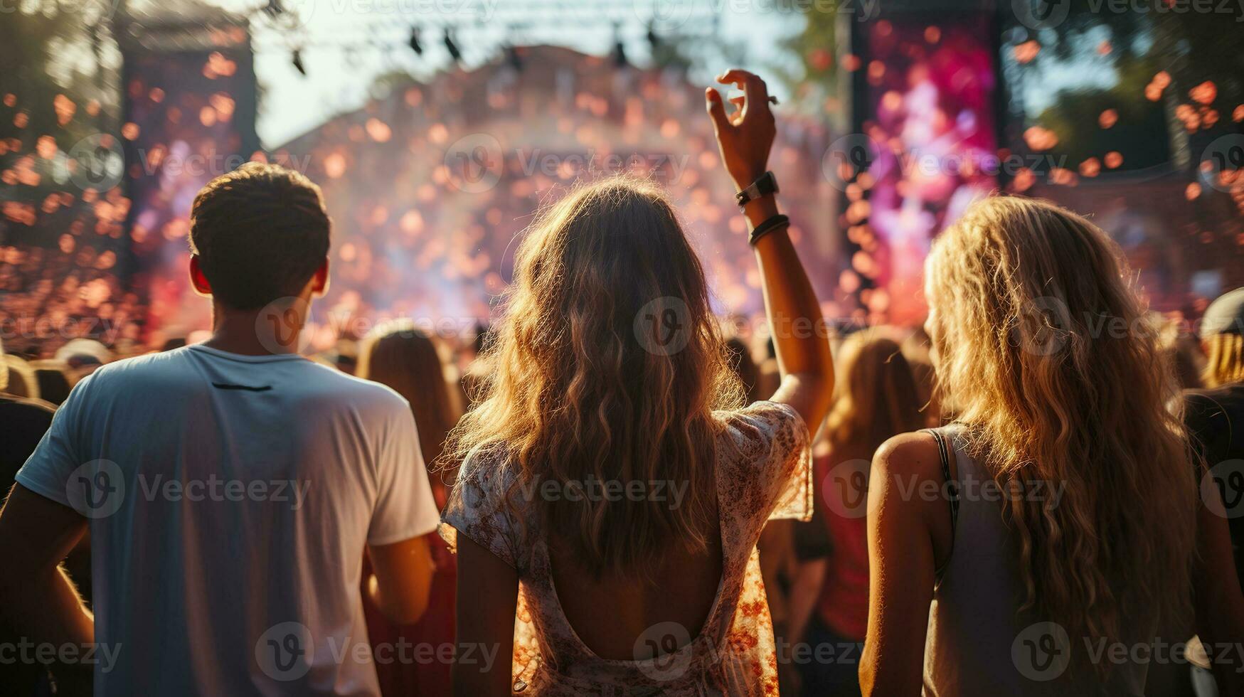 arrière vue de groupe de Jeune copains dansant à été festival. génératif ai photo