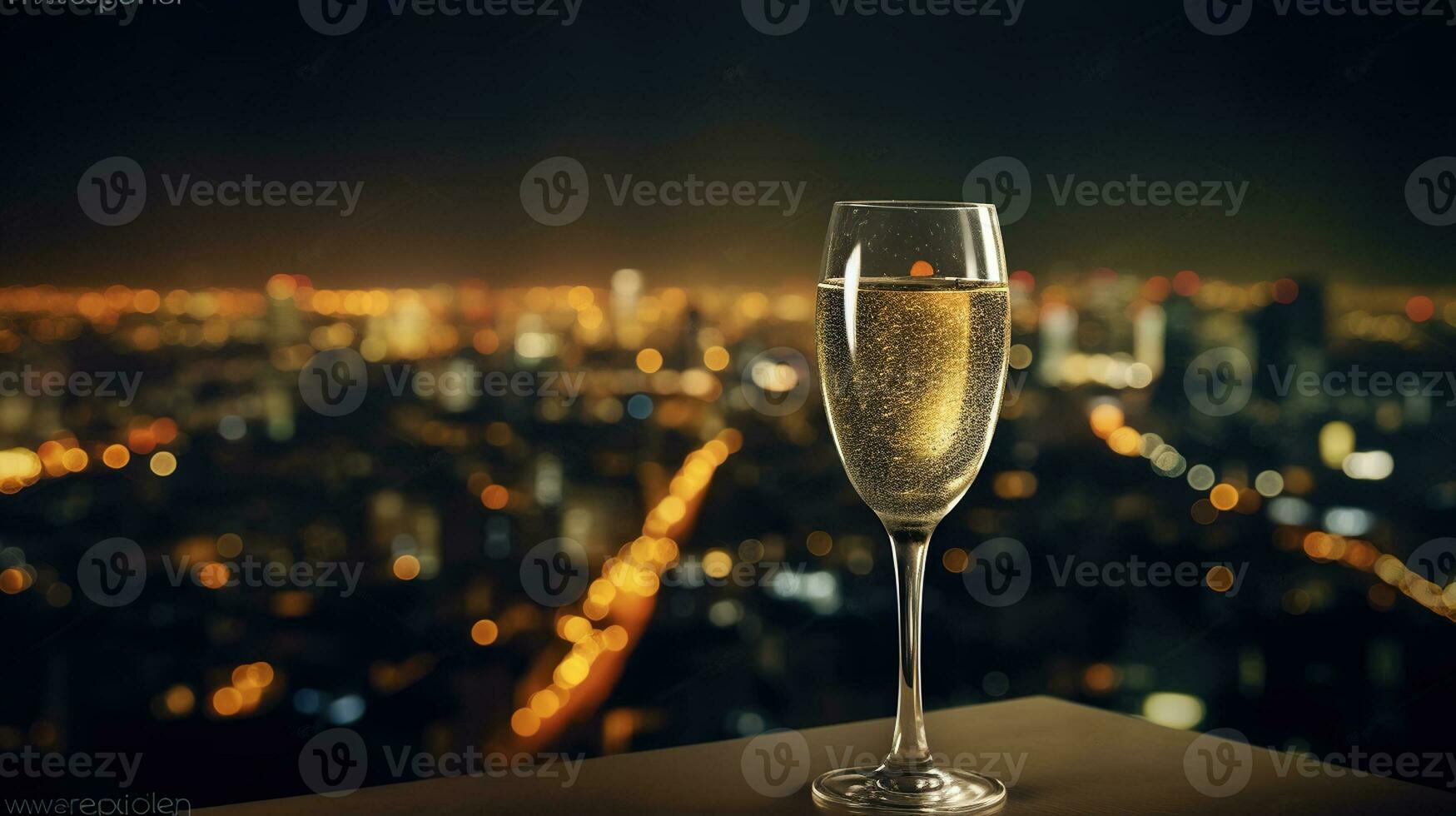 verre de Champagne dans le nuit sur le Haut de une gratte-ciel plus de le ville, magnifique nuit ville ligne d'horizon, génératif ai photo