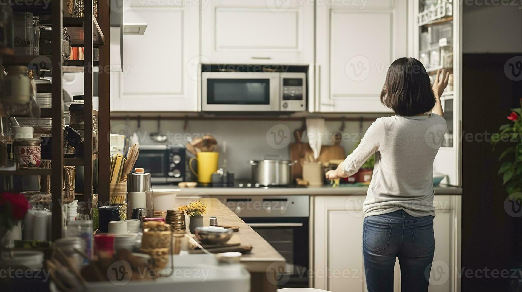 de étagère à tableau. une femme périple par cuisine stockage. génératif ai photo